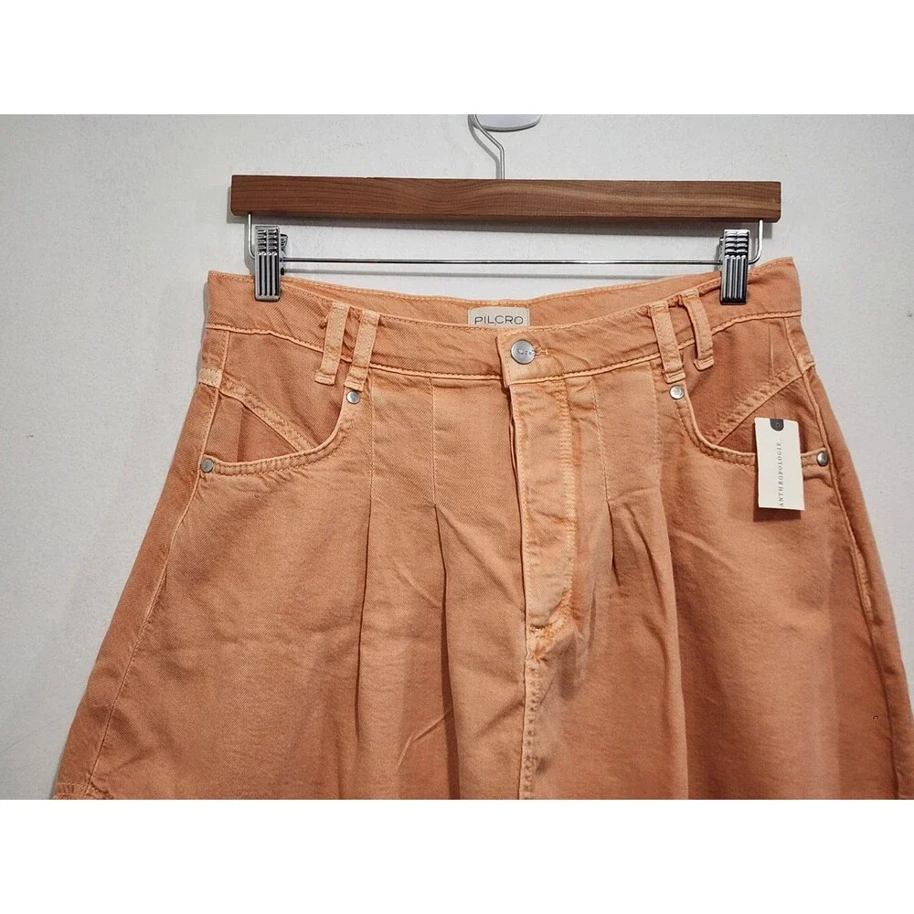 Anthropologie Pilcro Pleated Denim Mini Skirt Orange Fray Hem Button Fly Sz 10